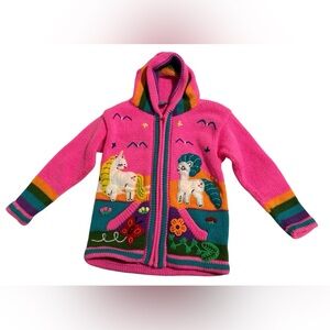 Happy Llama Hand - Knitted Girls Unicorn Hoodie • Pink • Pre-Loved